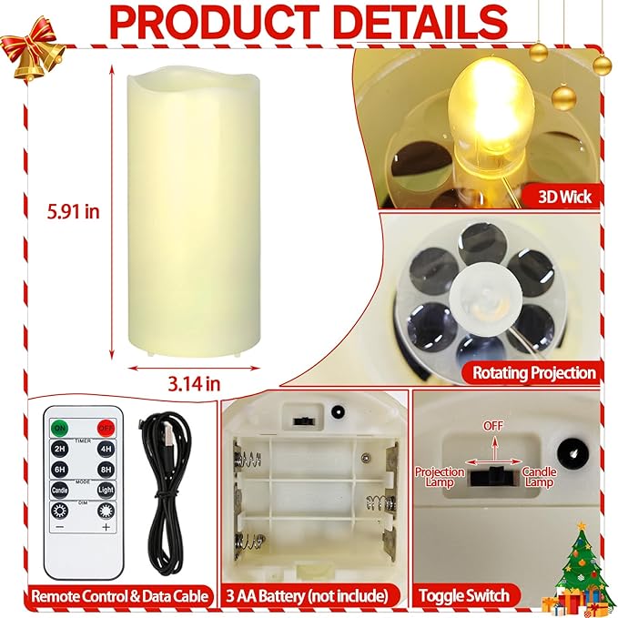 Flameless Candle Christmas Projector Light, Battery Operated Snowflake Candles Lamp with Remote and Timer, Plug-in LED Candle Lamp for Christmas Party Gift Decor (Ivory - Xmas)