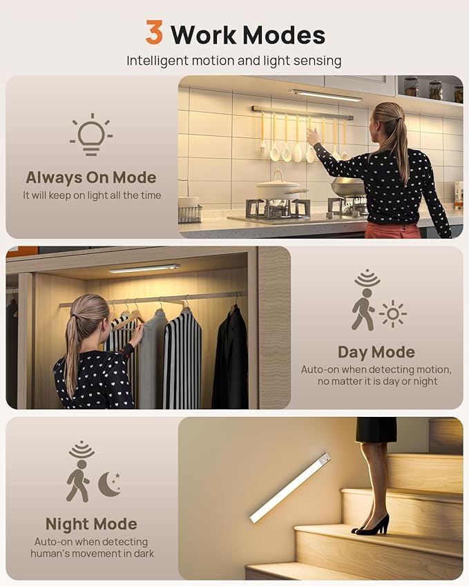 16in Under Cabinet Lighting Wireless, 160 LED Motion Sensor Light Indoor, Rechargeable Closet Lights with Remote Control, 3 Color Temps Under Counter Lights for Kitchen, Pantry, Stair, 5 Pack