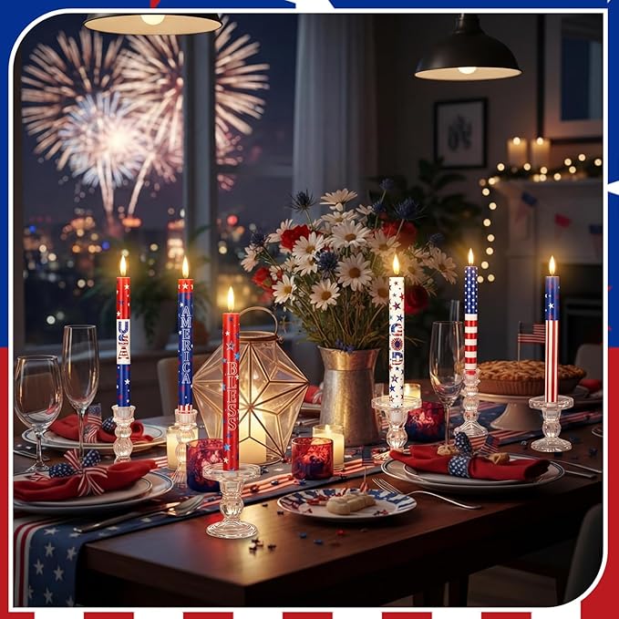 6 Pcs 4th of July LED Flameless Candle Set 250th Anniversary Patriotic Taper Candles Battery Operated with Remote God Bless American USA Flag Candles for Independence Day Decor Party Favors