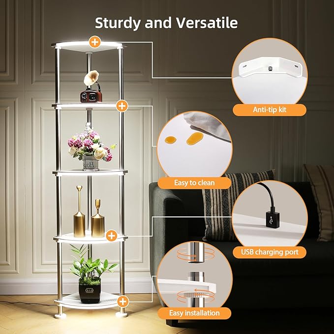 Floor Lamp with Shelves Height Adjustable Music Sync LED Corner Floor Lamp with Charging Stationl Dimmable and Timing RGB Standing Lamp for Christmas Gifts White 5-Tier