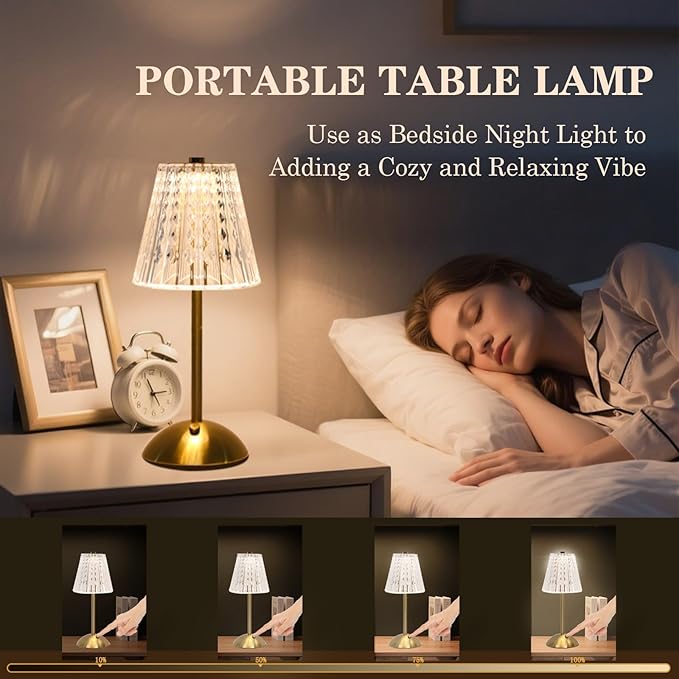 2 Pack Crystal Table Lamp, 5000mAh Rechargeable Battery Lamp with Touch Control, 3 Color Temperatures, Dimmable Brightness, Matte Aluminum Light for Bedroom/Bar/Kitchen/Outdoor, Home Décor