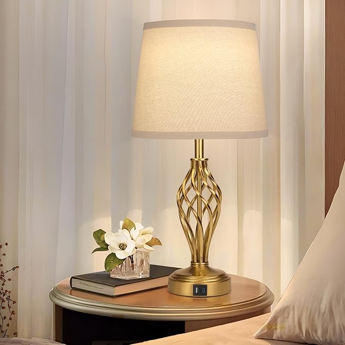 Touch Table Lamps Set of 2, nightstand lamp with USB Ports Bedside 3 Way Touch dimmer Desk lamp for Living Room Bedroom,Gold Plated Spiral cage Base Design Warm White dimmer Bulbs Included.