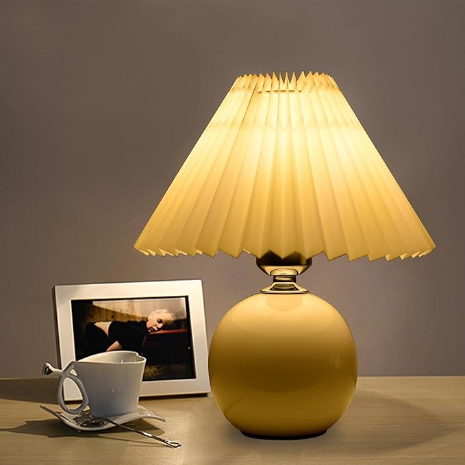 Korean Pleated Table Lamp Ins DIY Ceramic Table Lamps for Living Room Home Deco Cute Lamp with Tricolor Led Bulb Beside Lamp…