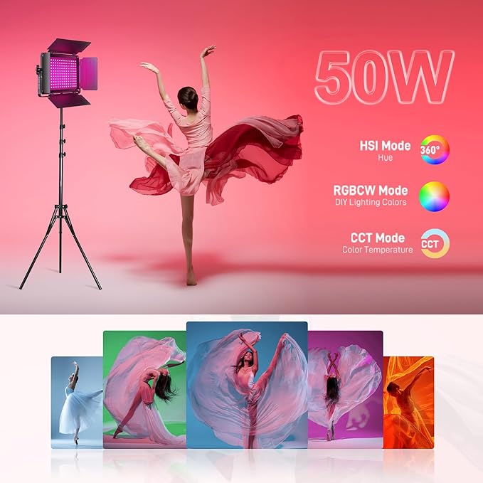 GVM Upgraded 680 RGB LED Video Light with Lighting Stand Kit, 50W Photography Lighting with Bluetooth Control, Studio Light with 18 Lighting Scenes, led Panel Lights for Video Recording, 8500lux/0.5m