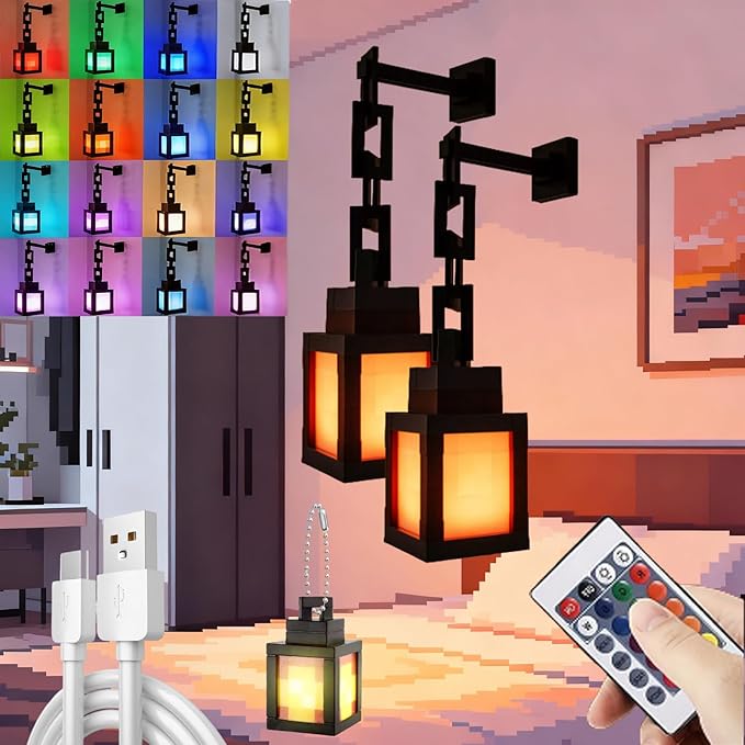 Pixelated Lantern Night Light, 2026 New 16-Colour LED Wall Mood Night Light with Remote Control, Rechargeable Wall Tabletop Night Lights for Bedroom Gaming Kids Room Decor (2Set)