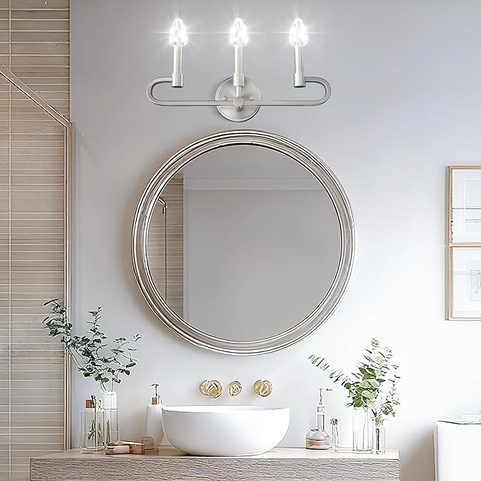 Farmhouse and Modern Bathroom Lighting Fixtures Over Mirror, 3 Light Brushed Nickel Bathroom Vanity Lights, Crystal Bathrooms Wall Sconces(Includes Bulb)