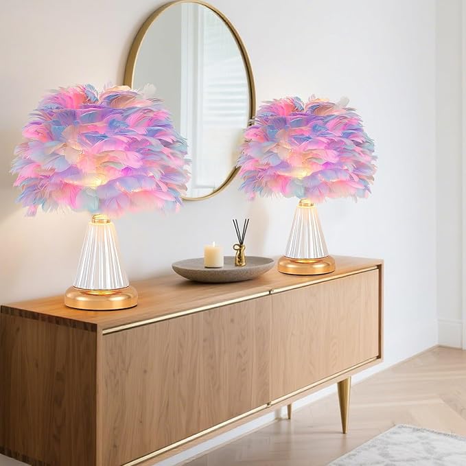 Colorful Feather Table Lamp Cute Ceramic Fluffy Bedside Lamp Princess Furry Nightstand Light Girl Romantic Desk Lamp for Girl Bedroom Living Room Office Nursery Valentines Wedding Decor