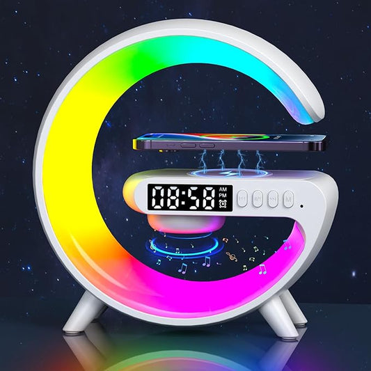 2025 New Mini LED Table Lamp, Wireless Charging Atmosphere Lamp, Bluetooth Speaker, Dimmable Night Light, Bedside Lamp, Alarm Clock for Christmas Gifts (White)