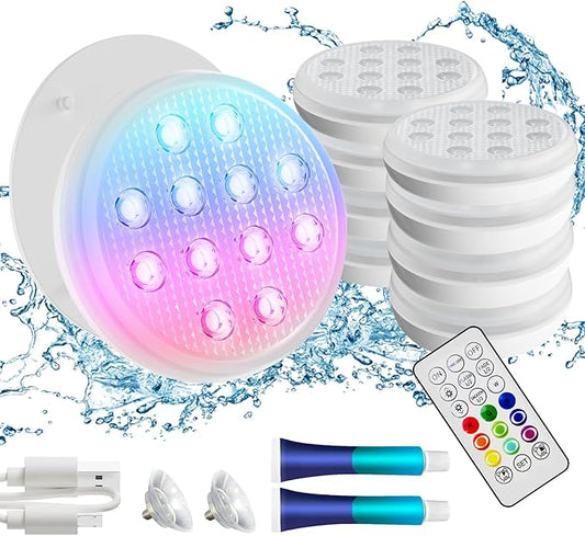 Pool Lights, Rechargeable Submersible LED Lights, IP68 Waterproof Floating Lights with Remote, 16 Color Changing Underwater Lights with Magnet, Suction Cups for Pool, Bath, Hot Tub (8 Pack)