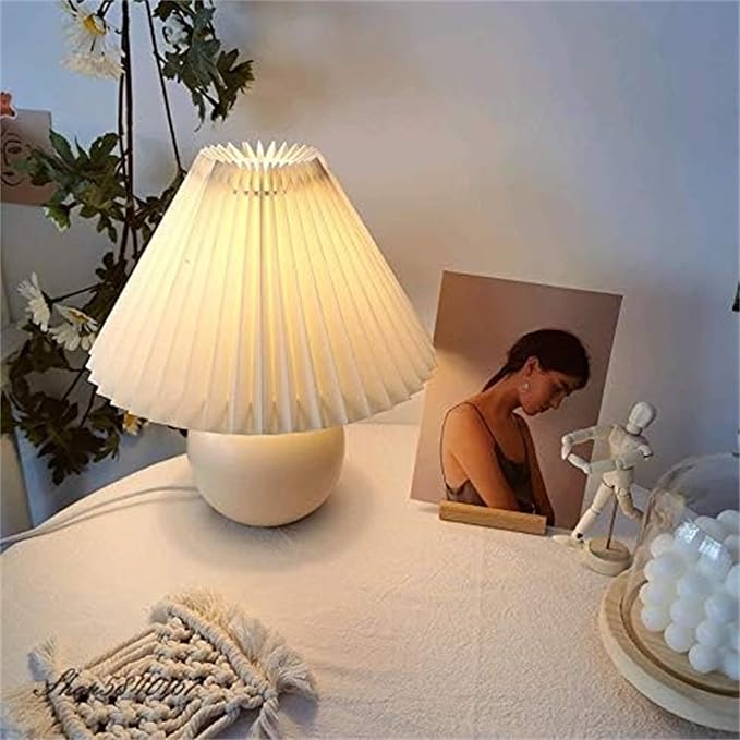 ikaufen Pleated Fabric Shade Table Lamp, Round Ceramic Base Lamp with Floral/Plain Design for Bedroom, Living Room & Desk (Off-White)