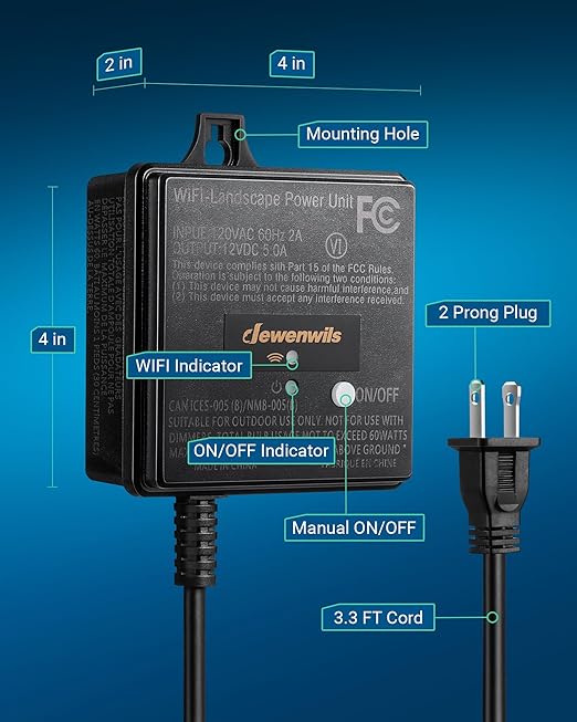 DEWENWILS 60W WiFi Low Voltage Transformer, 120V AC to 12V DC, Smart Outdoor Low Voltage Landscape Transformer with Timer, Work with Alexa & Google Home, Weatherproof for Landscape Lights, ETL Listed