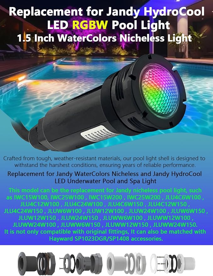 Replacement for Jandy HydroCool LED Pool Light RGBW 12W 12VAC 1.5 Inch Watercolors Nicheless, 100ft Cord 12Volt Pool Light for Inground Pools, Spa, Swim, Color Changing Energy Efficient