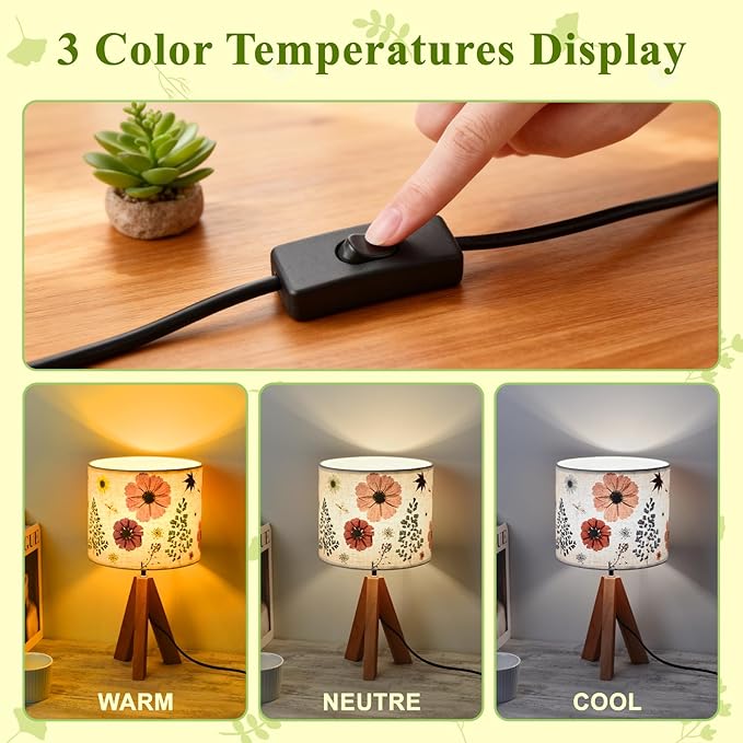 Dried Flowers Tripod Table Lamp 14.56in, 9W LED 3-Color Cute Bedside Lamp with Flowers Linen Lampshade for Nursery, Bedroom, Kid Room, Living Room, Light Brown Wooden Base