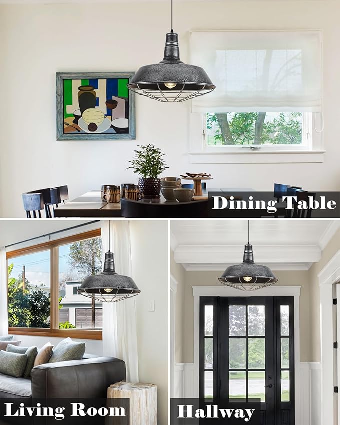 Large Farmhouse Pendant Lights 2 Pack, 18.1 Inch Oversized Industrial Pendant Light, Black and Silver Barn Pendant Light with Wire Cage, Island Pendant Lights for Kitchen Barn Warehouse