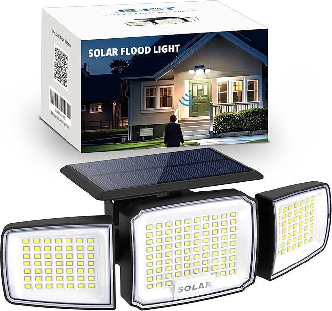 Solar Security Light Outdoor Super Bright LED, Motion Sensor Flood Light, 3 Heads 270° Wide Angle,Remote Control, IP65 Waterproof, 3 Modes (1 Pack)