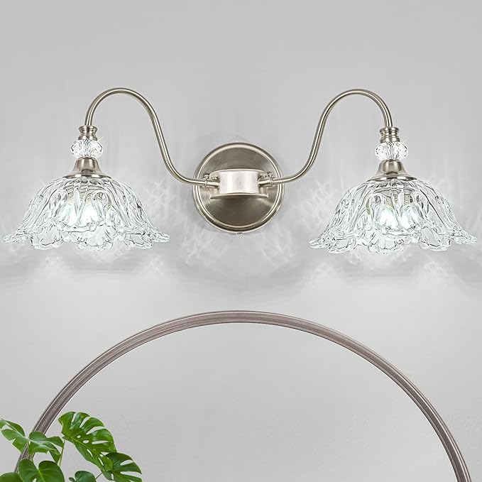 Brushed Nickel Bathroom Vanity Light, 2-Light Vanity Light with Floral Clear Glass Shades, Nickel Wall Mount Lighting for Bathroom, Dressing Table