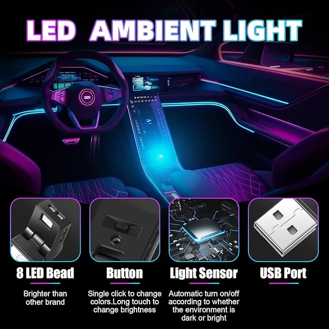 Frienda 4 Pcs Mini USB LED Light Car LED Interior Lighting 5v RGB Portable Ambient Lighting Adjustable 8 Color and Brightness Smart USB Night Lamp for Cars Laptop Keyboard Atmosphere, Type A