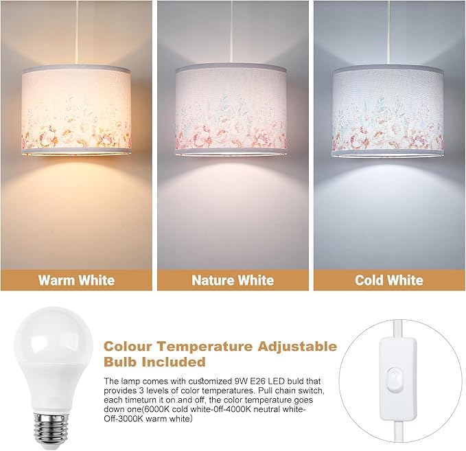 Plug in Pendant Light, Flower Planting Hanging Light with Plug in Cord, Hanging Lamp with 3-Way Dimmable Bulb, Farmhouse Pendant Light for Kitchen Dining Room Bedroom Entryway (Printing Shade)