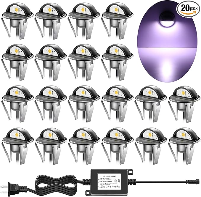 Pack of 20 Low Voltage LED Deck Lighting Kit Stainless Steel Waterproof Outdoor Landscape Garden Yard Patio Step Decoration Lamps LED In-ground Lights (Cold White)