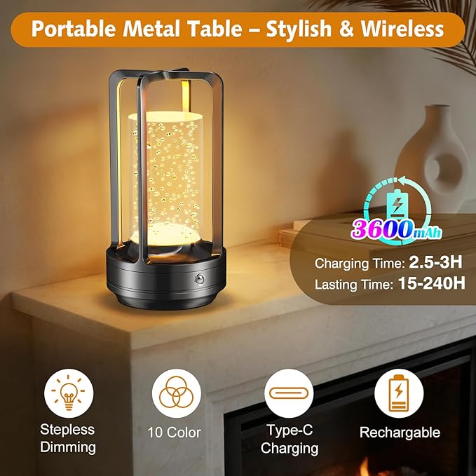 Portable Table Lamp for Outdoor Indoor: Cordless Rechargeable Desk Lamp with 3 Color Stepless Dimmable - Metal Battery Operated Lantern Light for Bedroom/Bar/Coffee Shop/Camping (Black Bubble+RGB)
