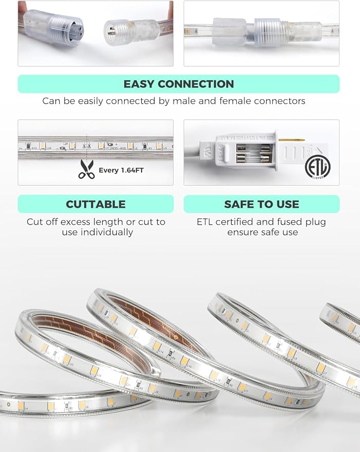 GZBtech AC 110-120V LED Strip Lighting 33FT/10M, 2800K Warm White IP65 Waterproof Outdoor Strip Lights, 60LEDs/M SMD2835 Cuttable & Connectable LED Rope Light for Indoor Outside Exterior, ETL Listed