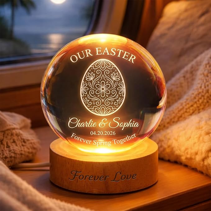 Personalized Easter Egg Crystal Ball LED Night Light, Custom Name Glass Globe Lamp with Date, Engraved Floral Egg Design Spring Keepsake Gift for Couples Family Anniversary