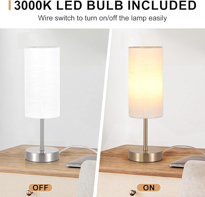 2 Pack Small Table Lamp for Bedroom, Bedside Lamp for Nightstand, Minimalist Modern Desk Lamp with Linen Fabric Shade for Living Room, Office, Kids Room, Dorm, LED Bulb Included