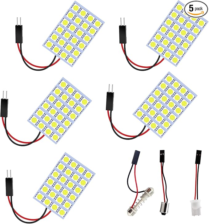 YM E-Bright 5-Pack White 5050 24SMD Led Panel Dome Light Lamp Auto Car Reading Interior Lamp DC 12V With T10 / BA9S / Festoon Adapters