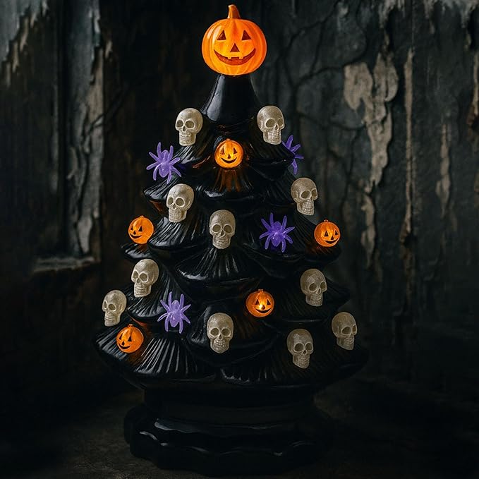 Halloween Ceramic Tree Replacement Light Bulbs Set, Halloween Themed, 117Pcs Skull/Pumpkin Head/Spider Ceramic Tree Replacement Bulbs and 1 Bat/Triple Pumpkin/Ghost Top Trim