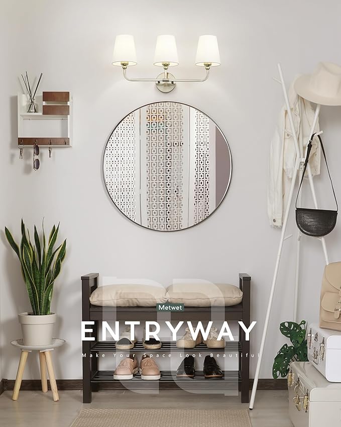 Bathroom Light Fixtures, Brushed Nickel Vanity Lights with Flared White Fabric Shade, 3 Light Wall Sconce, Modern Sconces Wall Lighting for Hallway Bedroom, VL837-BN-3
