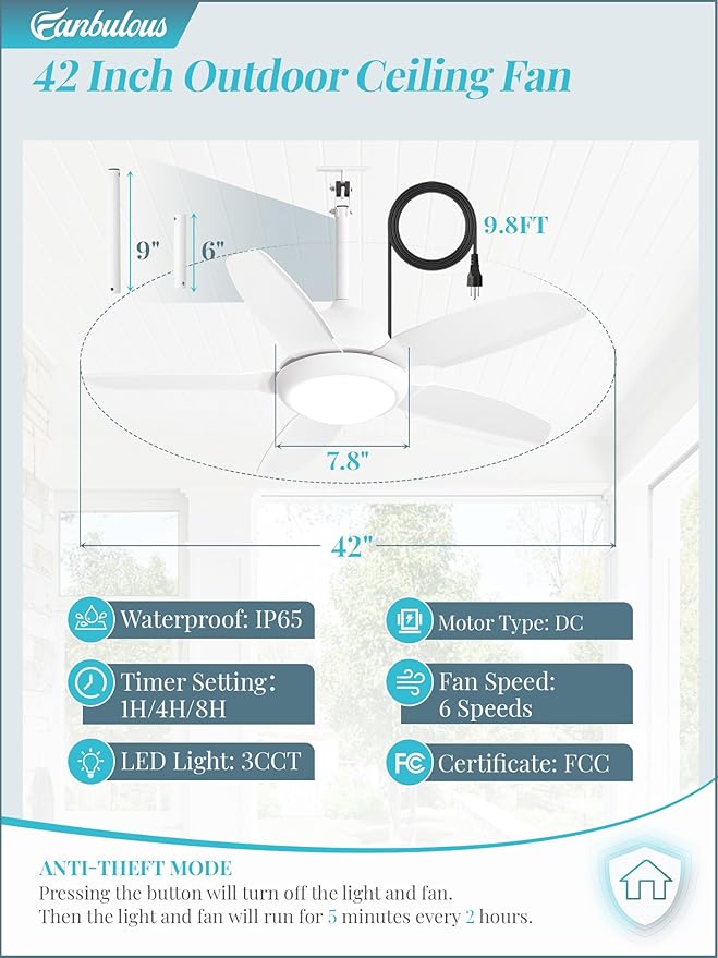 Fanbulous 42 Inch Waterproof Outdoor Ceiling Fan with Lights and Remote,IP65 Hanging Gazebo Fan with 3CCT 6-Speed DC Motor,White Wet Rated Plug in Ceiling Fan with Cord for Patios Porch Pergola