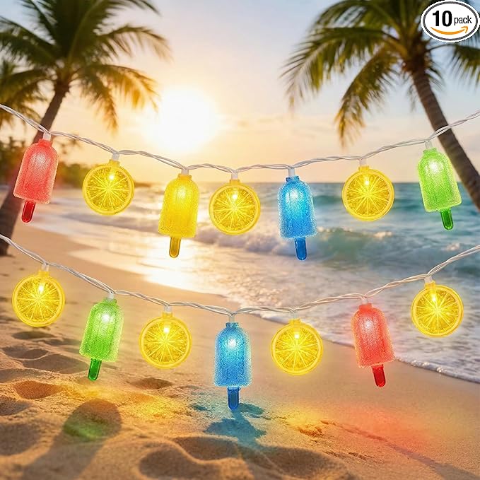 8.5Ft LED Popsicle and Lemon String Lights, Hawaiian Beach Decorations Lights with 10 Multicolor Popsicle and Yellow Lemon Bulbs, Summer Tropical Themed Fairy Lights for Home Party Holiday Camping
