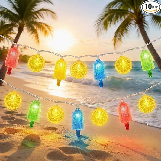 8.5Ft LED Popsicle and Lemon String Lights, Hawaiian Beach Decorations Lights with 10 Multicolor Popsicle and Yellow Lemon Bulbs, Summer Tropical Themed Fairy Lights for Home Party Holiday Camping