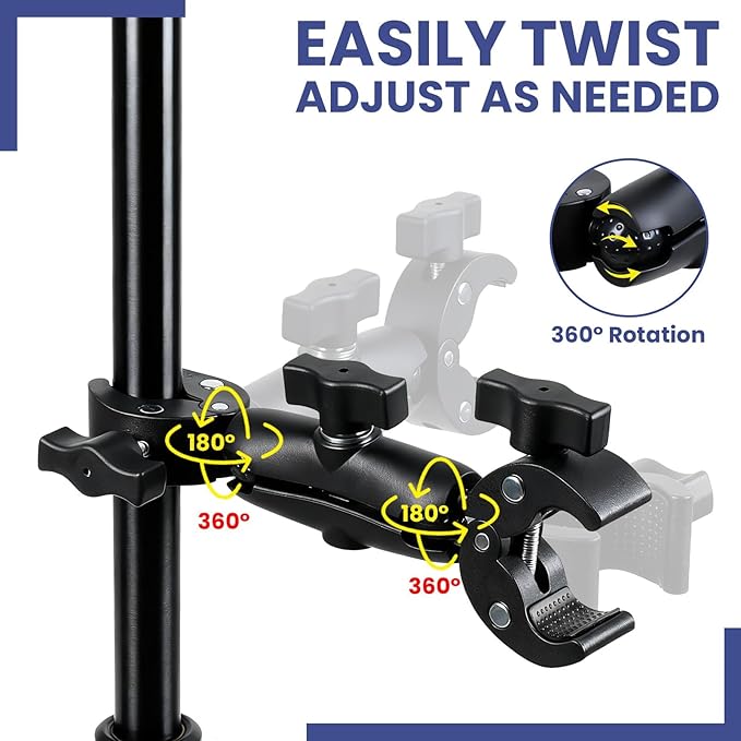 Double Ball Head Camera Clamp - Adjustable Mounting Bracket with Pliers-Style Grips for Photo Studio Equipment, Light Stands, Reflectors, Monitors, and Golf Cart Crossbars（6-9inch）