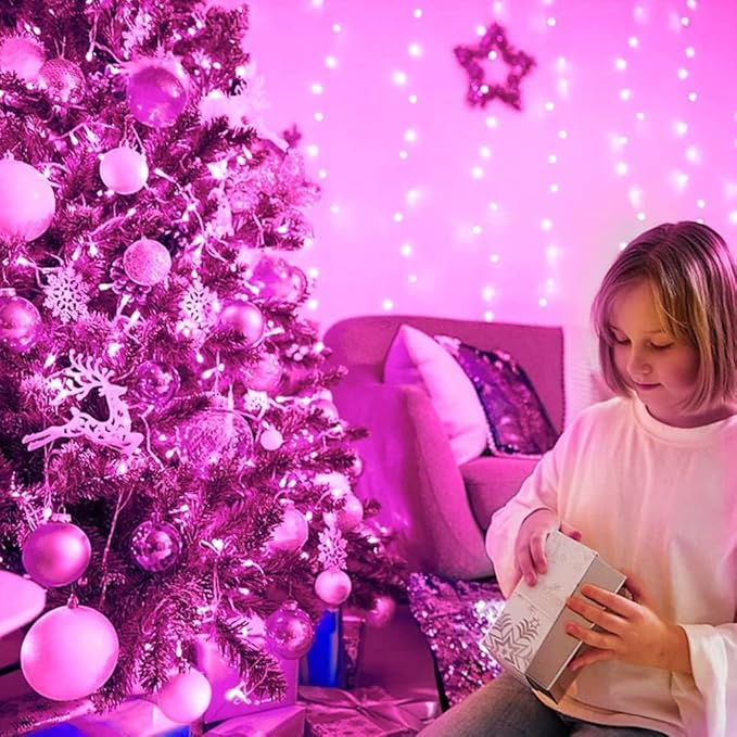 FULLBELL 66 Ft 200 LED Pink Christmas Lights - Waterproof Fairy Lights with Memory Function, 8 Modes, for Indoor Outdoor Holiday Party & Tree Decor.