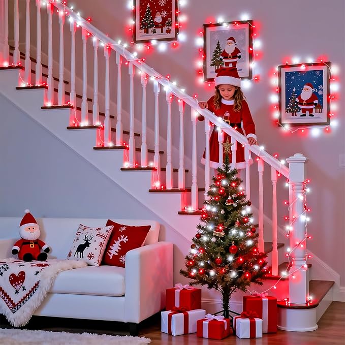 JMEXSUSS 2 Pack 100 LED Red and White Christmas Lights Outdoor, 8 Modes Connectable String Lights Indoor, LED Christmas Tree Lights Plug in for Xmas House Party Bedroom Decorations