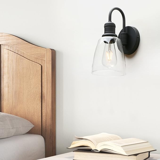 1-Light Vintage Gooseneck Wall Sconce Lamp with Cloche Clear Glass Shade, Industrial Indoor Wall Light Fixture for Bathroom Living Room Bedroom Over Kitchen Sink