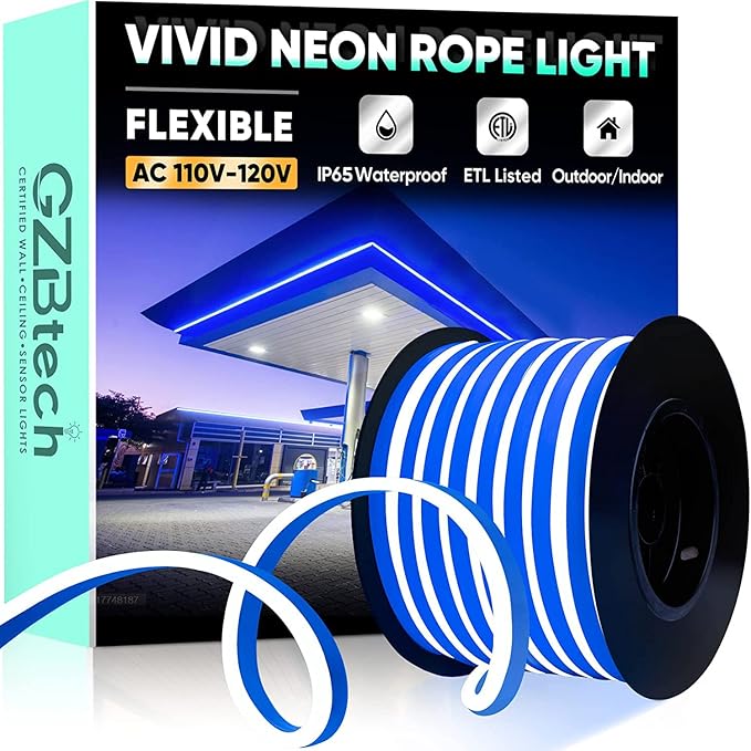 GZBtech Flexible LED Neon Rope Lights 66FT,AC 110-120V Waterproof Strip Light, 120 LEDs/M Cuttable Connectable Neon Lighting for Indoor Outdoor Home Decor/Commercial Building Use-Blue 20M, ETL Listed