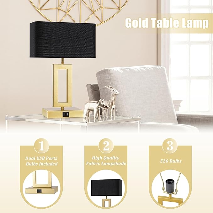 Black Table Lamps Set of 2 with Dual USB Ports,3-Way Dimmable Touch Control Bedside Lamps,Modern Bedroom Table Lamp for Living Room,Nightstand LED Bulbs Included