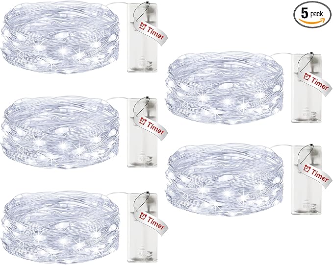 5 Pack Fairy Lights Battery Operated, 7FT 20LED String Lights with Timer Waterproof Silver Wire Fairy Lights Battery Powered Twinkle Lights for Bedroom Christmas Wedding Indoor Party Decor Cool White