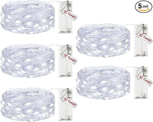 5 Pack Fairy Lights Battery Operated, 7FT 20LED String Lights with Timer Waterproof Silver Wire Fairy Lights Battery Powered Twinkle Lights for Bedroom Christmas Wedding Indoor Party Decor Cool White