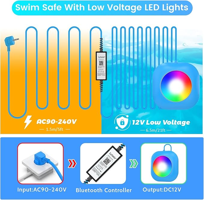 LyLmLe LED Pool Lights for Above Ground with APP Control, 20W Smart RGB Magnetic Underwater Lights with Timer, 800lm Dimmable, IP68 Waterproof 12V Submersible Light for Inground Aboveground Pools