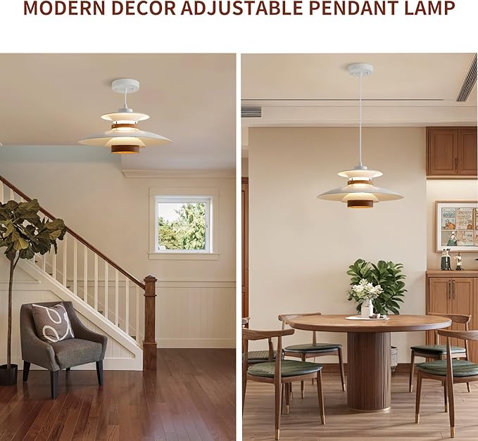 Modern Decor Adjustable Pendant Lamp Kitchen Island, Aluminum and Wood Finish,1-Light E26 Base Ceiling Hanging Light for Dining Room Shop Restaurant (White+Dark Wood Grain, 35cm)