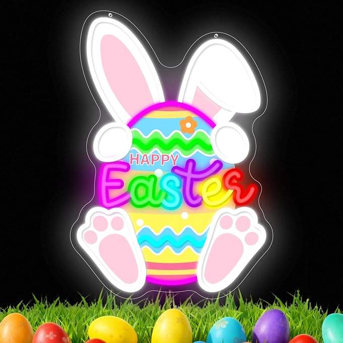 Easter Neon Sign Easter Bunny Egg Led Sign Dimmable Happy Easter Window Lights Printed Cute Bunny Light Up Signs Easters Gifts for Kids Teens Girls