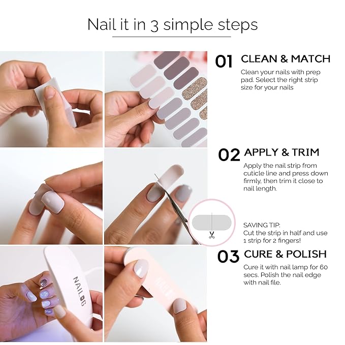 NAILOG Semi Cured Gel Nail Strips 20 Pcs | Buy 2 Get 1 UV Lamp | Extra Long Nail Wraps with Glossy Gel Finishing | B&W Composition
