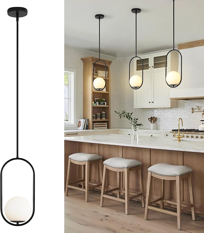 Yunnix 1-Light Modern Black Globe Pendant Lights Kitchen Island | Milk Glass Hanging Lamp for Kitchen Island, Dining Room, Bedroom, Living Room (Bulb Not Included)