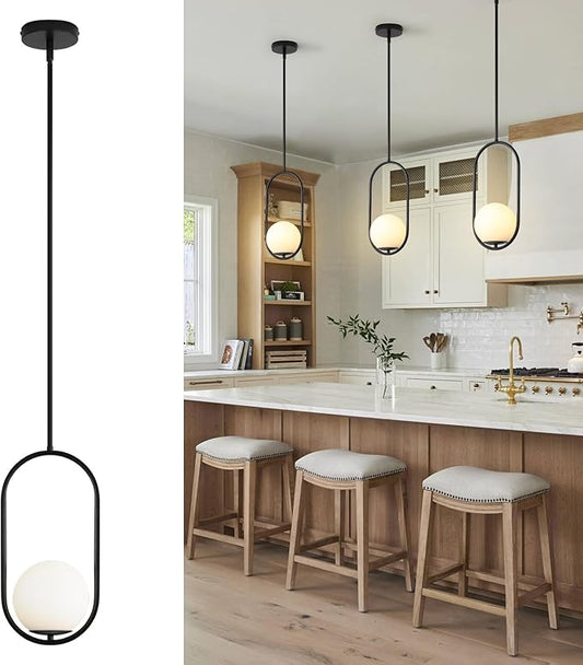 Yunnix 1-Light Modern Black Globe Pendant Lights Kitchen Island | Milk Glass Hanging Lamp for Kitchen Island, Dining Room, Bedroom, Living Room (Bulb Not Included)