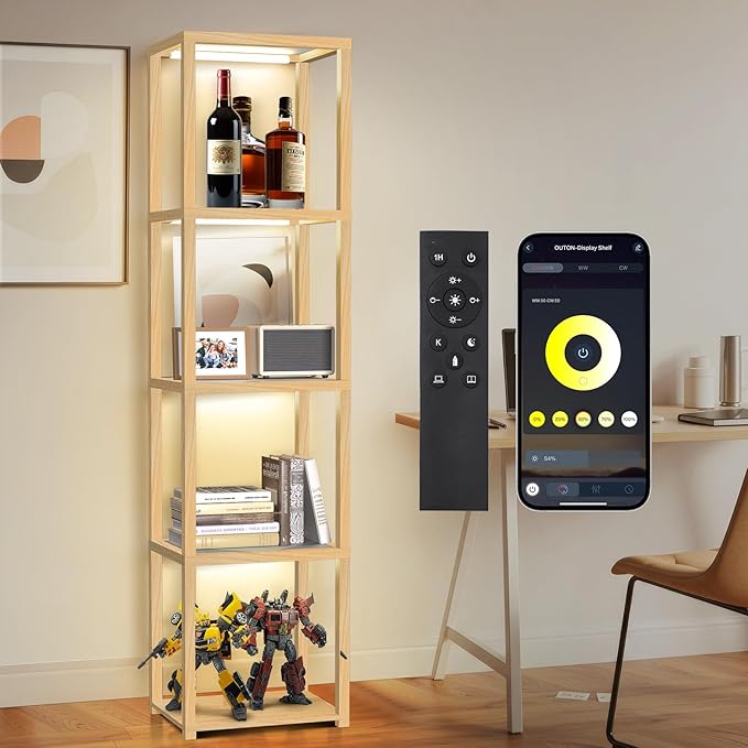 OUTON 67" Glass Display Shelf with Dimmable LED Floor Lamp, Collectibles Display Cabinet with Remote & App Control, 5 Tier Open Bookshelf Lamp for Living Room, Bedroom, Office, Home Decor, Wood