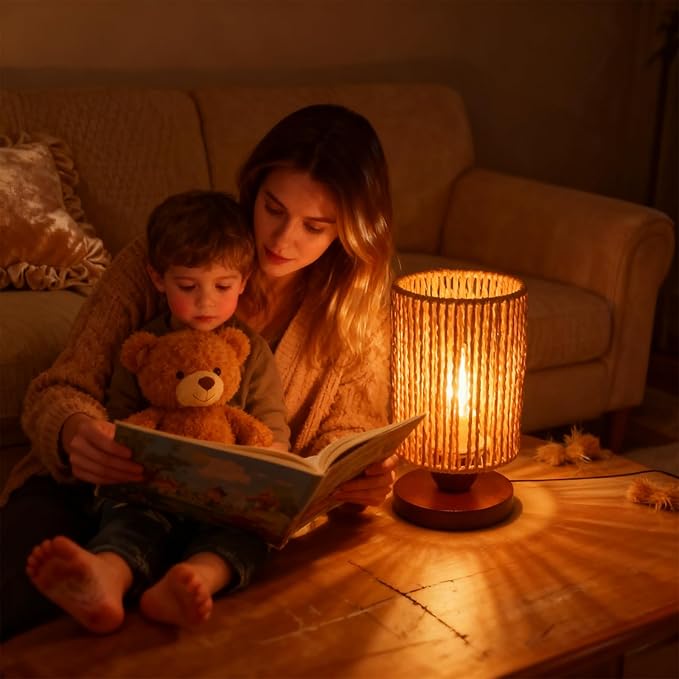 Handmade Rattan Lamp Boho Table Lamp for Bedroom, Small Woven Lamps for Night Stands with Warm White LED Bulb, Coastal Boho Lamp for Living Room Reading Nook Office Desk, 12cm Shade 20cm Height