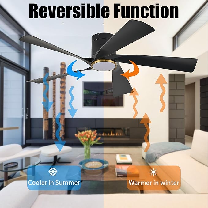 Ceiling Fan with Light and Remote/APP, 52” Flush Mount Ceiling Fans, 6 Speeds Mute Reversible Motor, 3CCT, Dimmable,Black Low Profile Modern Ceiling Fans for Indoor and Outdoor, Bedroom, Patios